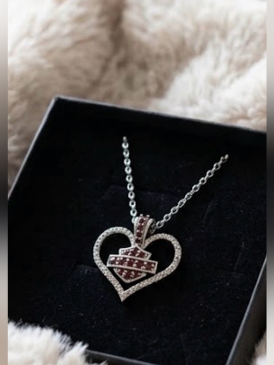 Harley-Davidson Jewelry - Harley Davidson 925 Sterling Silver Red Crystal Bar & Shield Heart Necklace